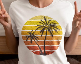 Retro Sunset Graphic Tee: Vintage Palm Tree Beach T-Shirt
