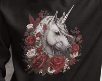 Cozy Unicorn And Rose Sweatshirt, Aesthetic Fantasy Crewneck, Cottagecore Horse Pullover, Gothic Unicorn Sweater, Fairycore Rose Sweatshirt