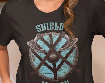 Viking Shield Maiden T-shirt, Noors krijgershirt voor vrouwen, T-shirt Noordse mythologie, vrouwelijk Vikingcadeau, grafisch T-shirt strijdbijl schild