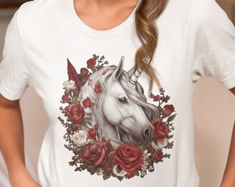 Unicorn and Roses Graphic Tee: Fantasy Women's T-shirt