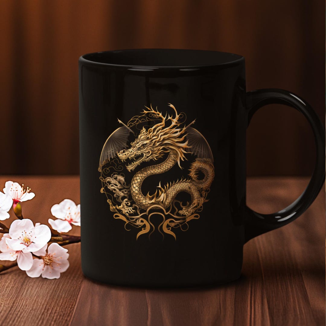 Gold Dragon Emblem Black Coffee Mug - Fantasy Art Ceramic Mug (11oz ...