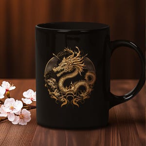 May include: Black ceramic mug featuring a golden dragon design. The dragon is intricately detailed with wings and a swirling body, set against a circular background. The mug has a curved handle and a glossy finish.