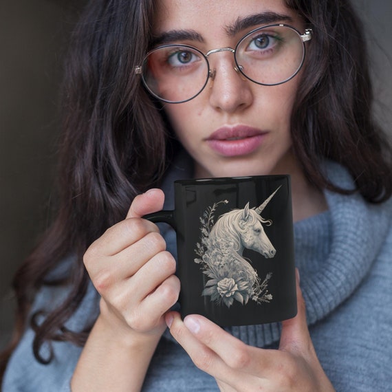 Unicorn Tattoo Art Black Ceramic Mug - Fantasy Coffee Mug (11oz)