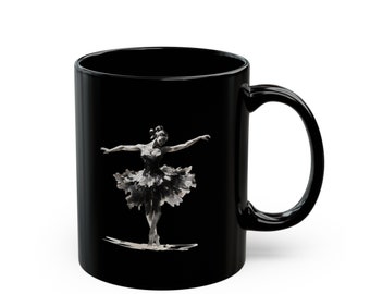 Taza de cerámica negra con diseño de bailarina de ballet: Arte de danza elegante (325 ml)