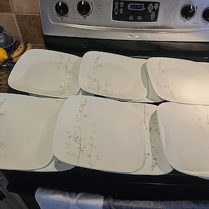 Puede incluir: Un juego de ocho platos cuadrados blancos con esquinas redondeadas. Cada plato presenta un delicado diseño floral en tonos verdes y marrones. Los platos están dispuestos sobre una superficie negra, lo que sugiere un entorno de comedor o cocina.