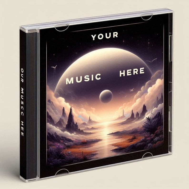 Puede incluir: Una caja de CD negra con una imagen colorida de un planeta y un paisaje. El texto "YOUR MUSIC HERE" est&aacute; impreso en la parte delantera de la caja.