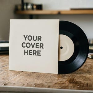 May include: A black vinyl record partially inserted into a cream-colored album cover. The album cover has the text "YOUR COVER HERE" printed in black. The record and cover are on a wooden surface.