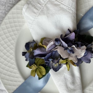 Blue Silk Hydrangea Napkin Rings- Set of Four