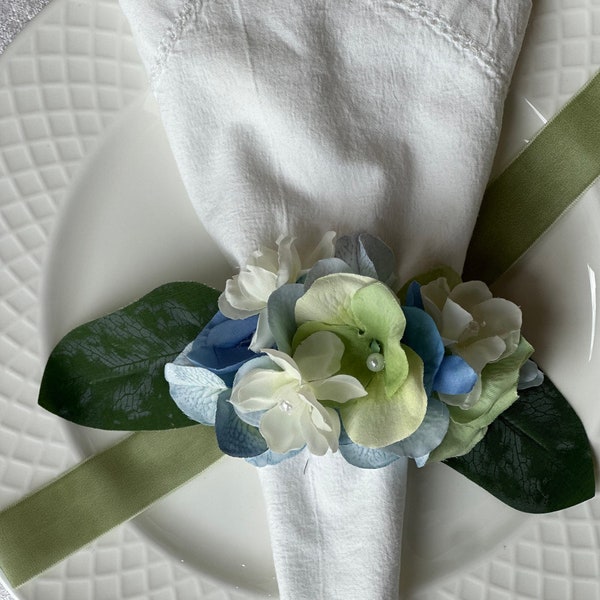 Light Blue and Sage Floral Napkin Rings- Set of Four