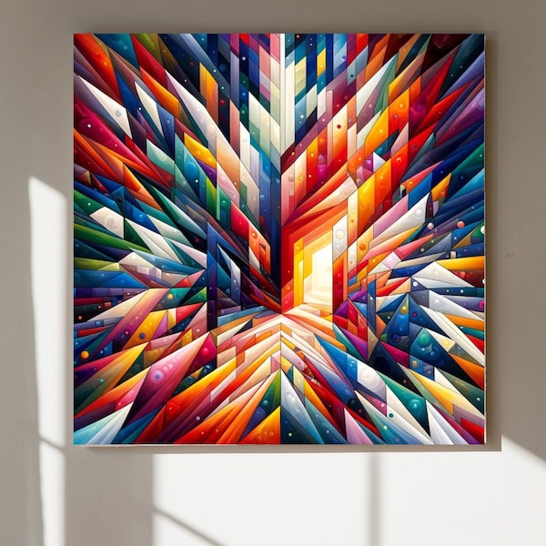 Spectrum of Symmetry, Colorful triangle painting,Abstract geometric art,3D illusion art,Vivid colors wall decor,Modern abstract artwork.