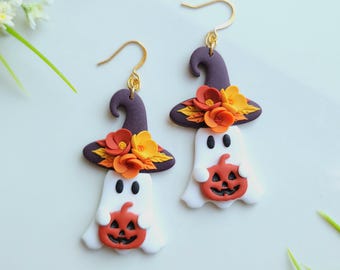 Floral Ghost Witches Dangle/ Halloween Earring/ Polymer Clay Earring