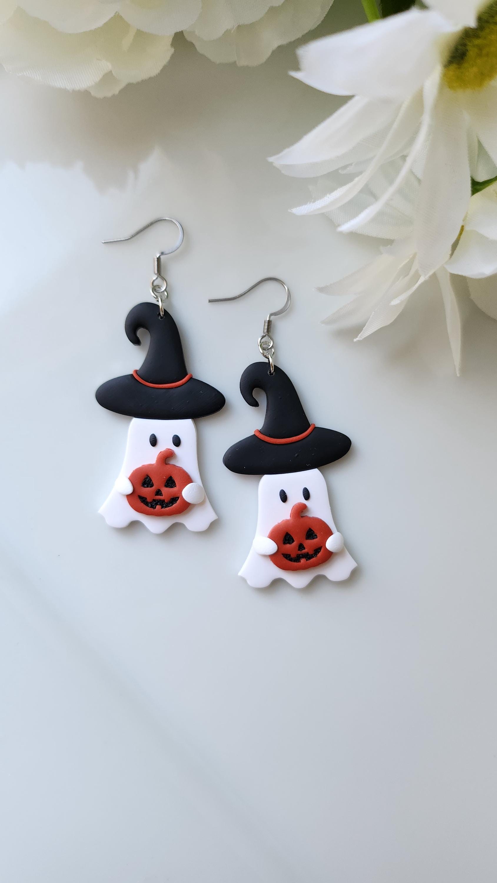 Floral Ghost Witches Dangle/ Halloween Earring/ Polymer Clay Earring