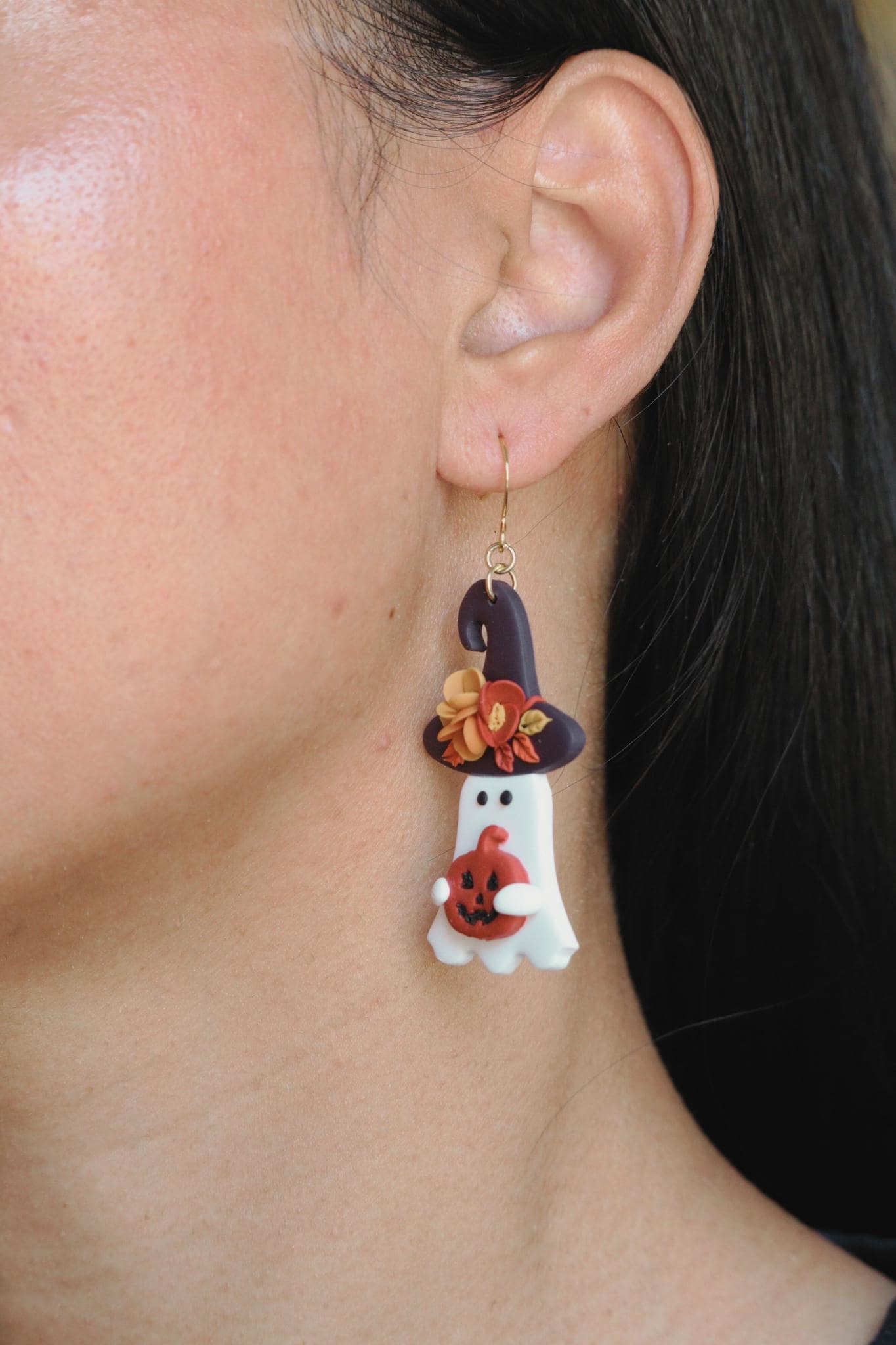 Floral Ghost Witches Dangle/ Halloween Earring/ Polymer Clay Earring