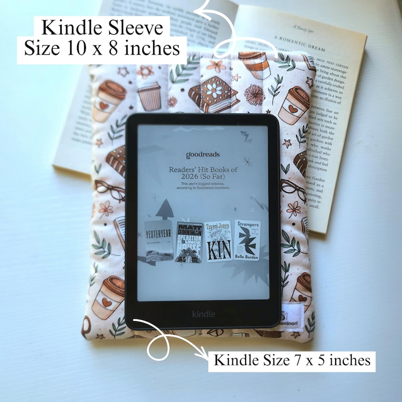May include: A quilted fabric Kindle sleeve measuring 10 by 8 inches, featuring a repeating pattern of coffee cups, books, flowers, and glasses. A black Kindle e-reader measuring 7 by 5 inches is placed on top, displaying a Goodreads book list.