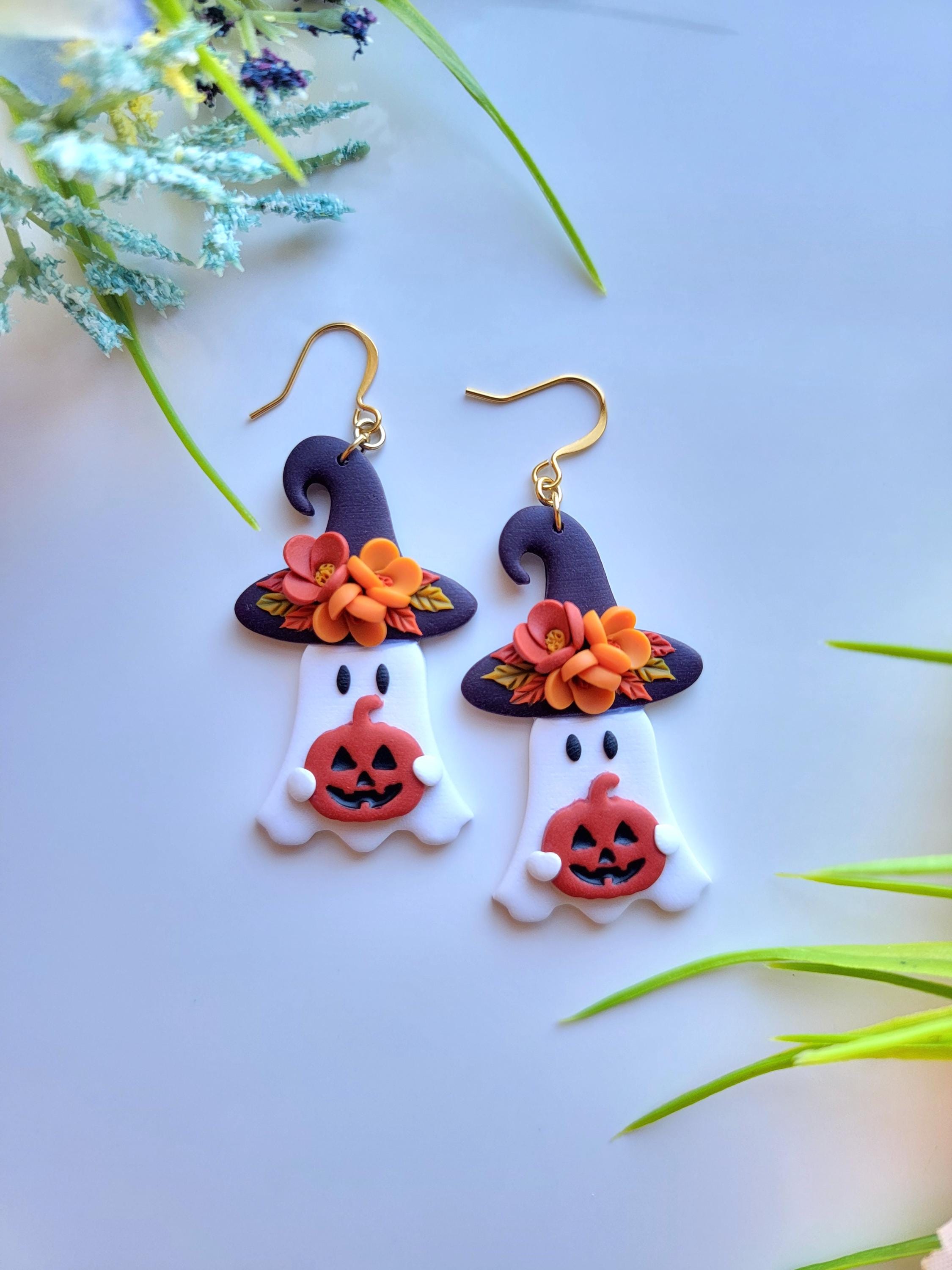 Floral Ghost Witches Dangle/ Halloween Earring/ Polymer Clay Earring
