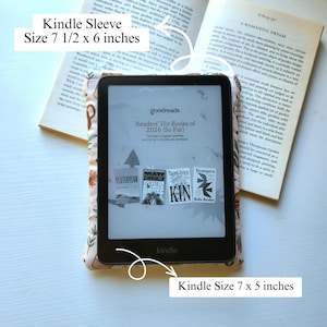May include: A fabric Kindle sleeve with a floral and coffee cup pattern, measuring 7.5 by 6 inches, containing a black Kindle e-reader with a 7 by 5 inch screen displaying a Goodreads list of books titled Readers' Hit Books of 2026.
