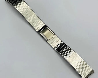 Vintage jaren 70 opvallende slanke roestvrijstalen horlogeband armband, nieuwe oude voorraad, mint, 17,4 mm