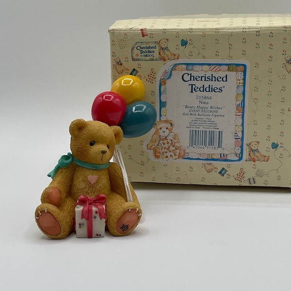 Cherished Teddies, Resin Figurine, Nina, Beary Happy Wishes, Vintage from 1996, Excellent Condition, with Original Box and Adoption Cert.