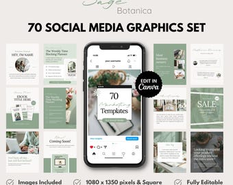 70 Social Media Graphic Templates built in Canva, Sage Green designs to help promote your digital products on Instagram, ads or marketing