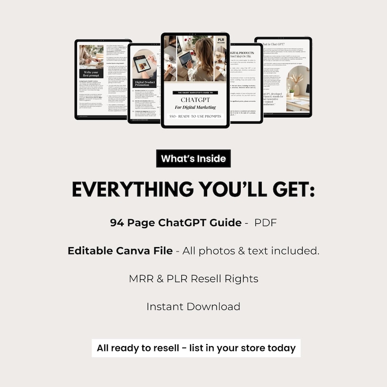 What You’ll Get – 94 Page ChatGPT Guide for Digital Marketing with PLR License, Editable Canva File, Instant Download, and Master Resell Rights | Use This to Teach, Bundle, or Sell AI Prompts and Content Strategy to Your Audience | Perfect for Digital Product Sellers and Content Coaches