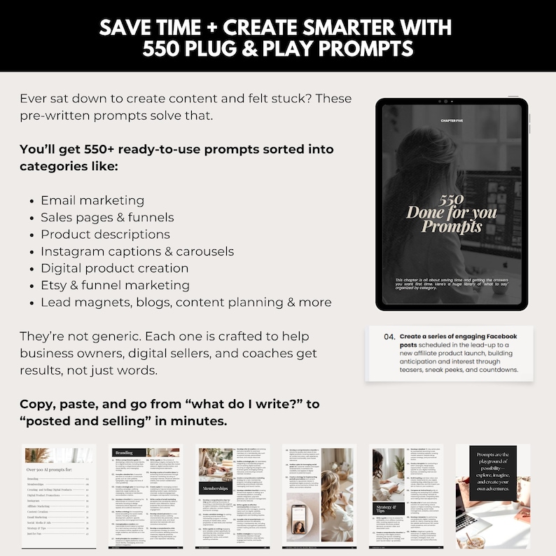 550 Ready-to-Use ChatGPT Prompts for Digital Product Creation, Social Media, and Email Marketing | PLR Digital Product with Organized Prompt Categories for Etsy Sellers, Instagram Coaches, Affiliate Marketers, and Course Creators | Save Time Writing Content Using AI | Includes Canva File and PDF