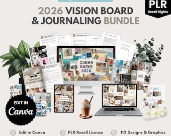 Tableau Vision 2026 et ensemble de journaux | Modèles de toile | DPP/MRR revendre | Kit de tableau de visualisation modifiable | Outils d'affirmation de la manifestation