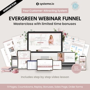 May include: An advertisement for an "Evergreen Webinar Funnel" masterclass, displayed on various digital devices including a laptop, tablets, and smartphones. The image features the text "Your Customer-Attracting System" and "Includes step by step video lesson."