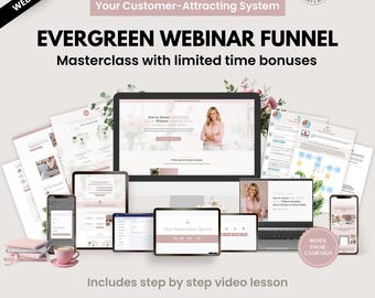 Evergreen Webinar Funnel for Systeme.io, Automated Masterclass with Timed Bonuses, Order Forms for Coaches & Digital Products, Blush Brand