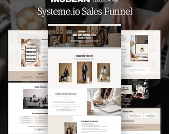 Systeme.io trechtersjabloon, digitale productverkoop, bestemmingspagina, opt-in, bestelformulier, upsell voor cursussen, modern redactioneel beige zwart ontwerp