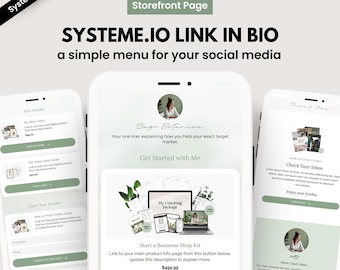 Könnte beinhalten: Eine digitale Marketing-Storefront-Seite auf drei Smartphones. Die Seite zeigt ein Menü für Social-Media-Links mit dem Text "SYSTEME.IO LINK IN BIO". Die Seite enthält auch einen Abschnitt "Start a Business Shop Kit" und "Claim Your Freebie".