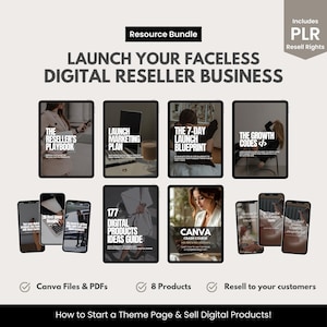 Puede incluir: Un paquete de productos digitales para lanzar un negocio de reventa digital sin rostro. El paquete incluye ocho productos, como "The Reseller's Playbook", "Launch Marketing Plan", "The 7-Day Launch Blueprint", "The Growth Codes", "177 Digital Products Ideas Guide" y "Canva Crash Course".
