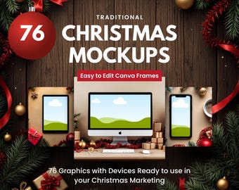 76 Traditional Christmas Mockup Bundle | Device Mockup template for Canva | Easy Edit Frames  | Phone, Tablet, Laptop | Red, Ornaments, gift