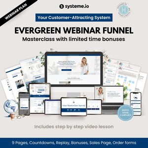 May include: An advertisement for an evergreen webinar funnel masterclass. The image displays a laptop, tablets, and smartphones showcasing the webinar's features. Text includes "Your Customer-Attracting System" and "Masterclass with limited time bonuses."