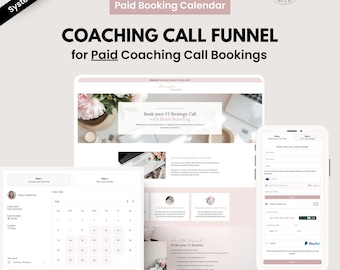 Op de afbeelding: Een digitale marketingafbeelding met de tekst "COACHING CALL FUNNEL" en "Paid Booking Calendar". De afbeelding toont een website- en mobiele telefooninterface met boekingsdetails. Ontworpen voor coaching call boekingen.