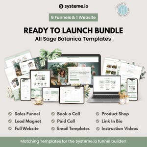 Puede incluir: Imagen promocional de un "READY TO LAUNCH BUNDLE" con "All Sage Botanica Templates." La imagen muestra varios dispositivos digitales, como portátiles, tabletas y teléfonos inteligentes, con diseños de sitios web y embudos. El texto incluye "Sales Funnel", "Lead Magnet" y "Full Website."