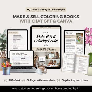 Puede incluir: Imagen que promociona una guía sobre la creación y venta de libros para colorear utilizando Chat GPT y Canva. La imagen presenta una computadora portátil, una tableta y un teléfono inteligente que muestran contenido, junto con una taza de café y lápices de colores. Texto: "Make & Sell Coloring Books".