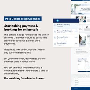 Paid call booking calendar funnel template for Systeme.io with order form page, thank you pages, and terms template. Features coastal navy styling and previews of scheduling pages integrated with Zoom and Google Meet. Designed for coaches and service providers taking paid online calls and automated bookings.
