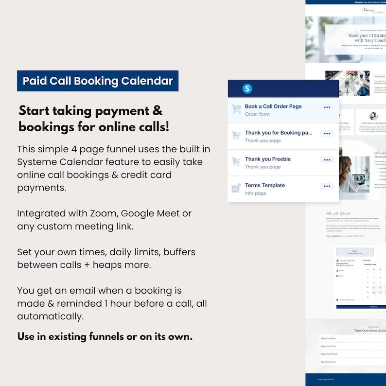 Paid call booking calendar funnel template for Systeme.io with order form page, thank you pages, and terms template. Features coastal navy styling and previews of scheduling pages integrated with Zoom and Google Meet. Designed for coaches and service providers taking paid online calls and automated bookings.