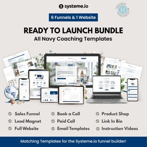 Navy Coaching Systeme.io funnel and website bundle with 6 funnels and 1 website in a matching coastal blue theme. Includes mockups on laptop, tablet, and mobile devices, showing sales funnel, lead magnet funnel, book-a-call pages, product shop, link in bio page, and email templates. Designed for coaches and online course creators.