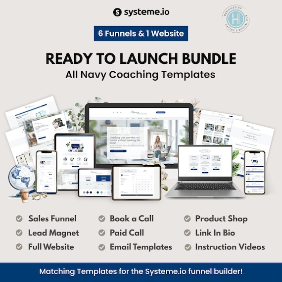 Navy Coaching Systeme.io Bundle. 6 Sales Funnels & Website for Digital Marketing. Coaches. Service Providers in Blue for Systeme Sales