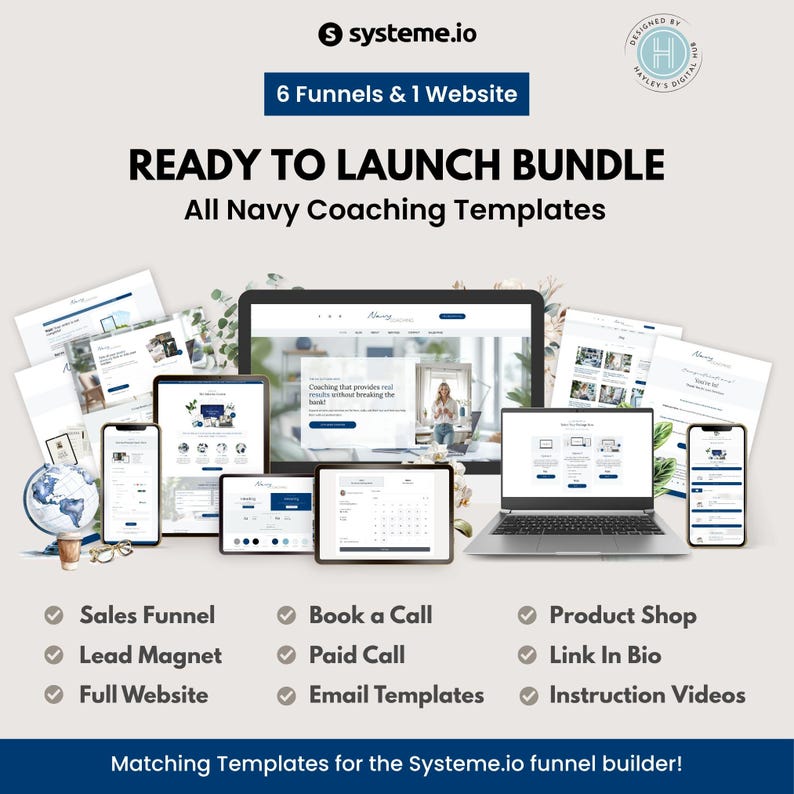 Navy Coaching Systeme.io funnel and website bundle with 6 funnels and 1 website in a matching coastal blue theme. Includes mockups on laptop, tablet, and mobile devices, showing sales funnel, lead magnet funnel, book-a-call pages, product shop, link in bio page, and email templates. Designed for coaches and online course creators.