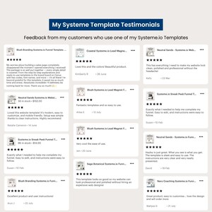 Grid of customer testimonials reviewing Systeme.io templates, Shows five-star reviews praising easy setup, clean design, mobile-friendly layouts, and professional branding. Ideal for building trust for Systeme.io template bundles.