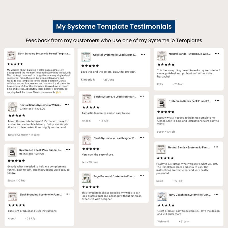 Grid of customer testimonials reviewing Systeme.io templates, Shows five-star reviews praising easy setup, clean design, mobile-friendly layouts, and professional branding. Ideal for building trust for Systeme.io template bundles.
