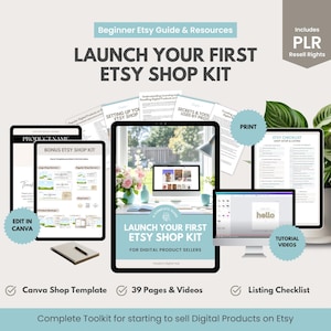 May include: A digital product kit for Etsy sellers, featuring a blue and white Canva shop template, a checklist, and a tutorial video. The kit includes 39 pages and videos, and is designed to help sellers launch their first Etsy shop.