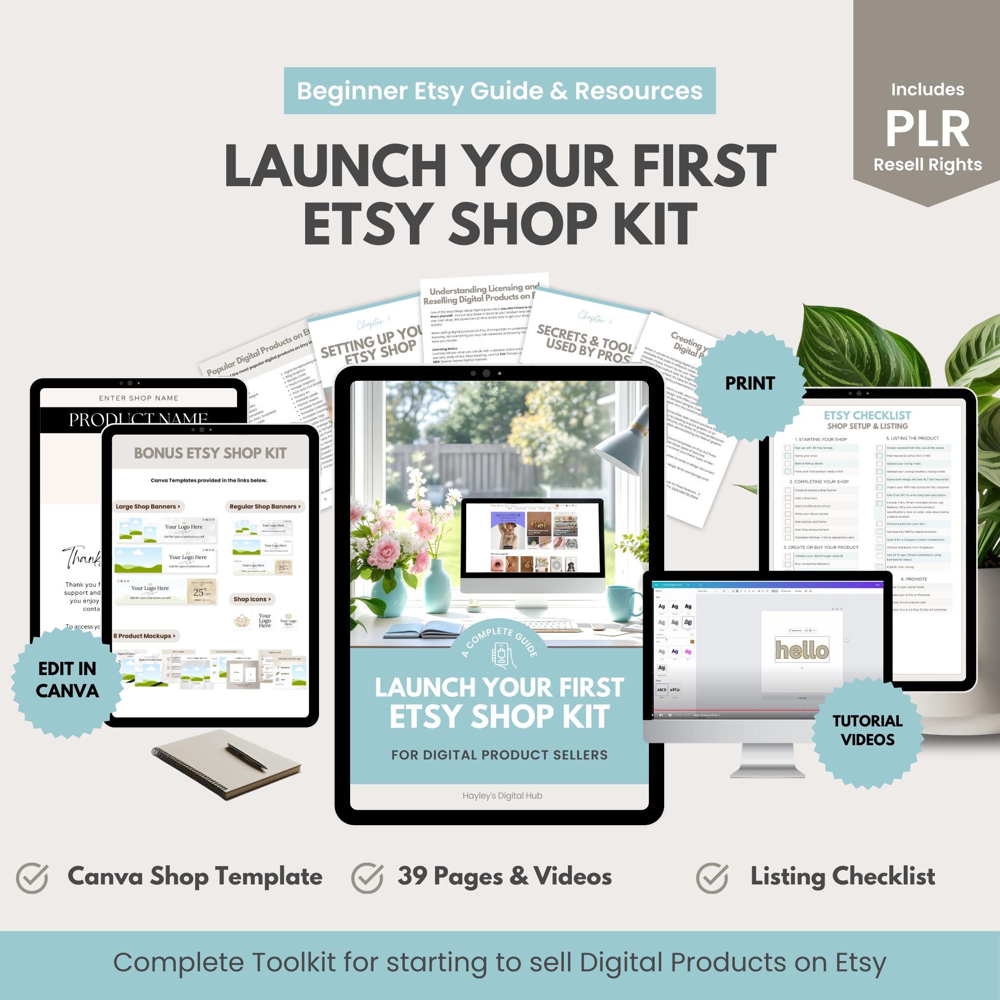 Launch Your First Etsy Shop Kit | Beginner’s Step-by-Step Guide + Canva Templates, Checklist & Pro Tips for Digital Product Sellers PLR