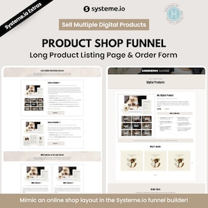 May include: A digital product shop funnel design with the text "PRODUCT SHOP FUNNEL" and "Long Product Listing Page & Order Form." The design includes mockups of digital product listings and order forms, with the Systeme.io logo.