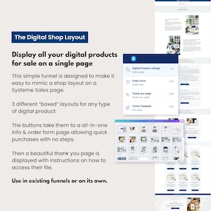 Digital product shop funnel template for Systeme.io showing boxed product layouts, order form, thank you page, and terms page in a modern navy-and-neutral style. Perfect for listing multiple digital products on one page with fast checkout. Ideal for digital product sellers using Systeme.io as an online storefront.
