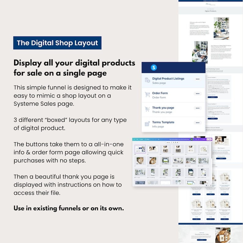 Digital product shop funnel template for Systeme.io showing boxed product layouts, order form, thank you page, and terms page in a modern navy-and-neutral style. Perfect for listing multiple digital products on one page with fast checkout. Ideal for digital product sellers using Systeme.io as an online storefront.