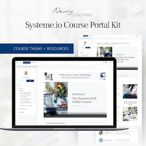 Pode incluir: Um kit de portal de cursos Systeme.io para Navy Coaching com tema de curso e recursos. A tela mostra uma interface de curso intitulada Welcome to The Business Shift Online Course, incluindo navegação de lições, reprodutor de vídeo e menus laterais.