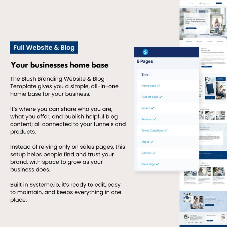 Systeme.io website and blog template in a coastal blue coaching style featuring home page, services, blog post list, search page, about page, and contact page. Provides an all-in-one business home base connected to funnels and digital products. Ideal for coaches, course creators, and service-based businesses.